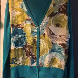 Talbots Teal and Yellow Floral V-Neck Cardigan